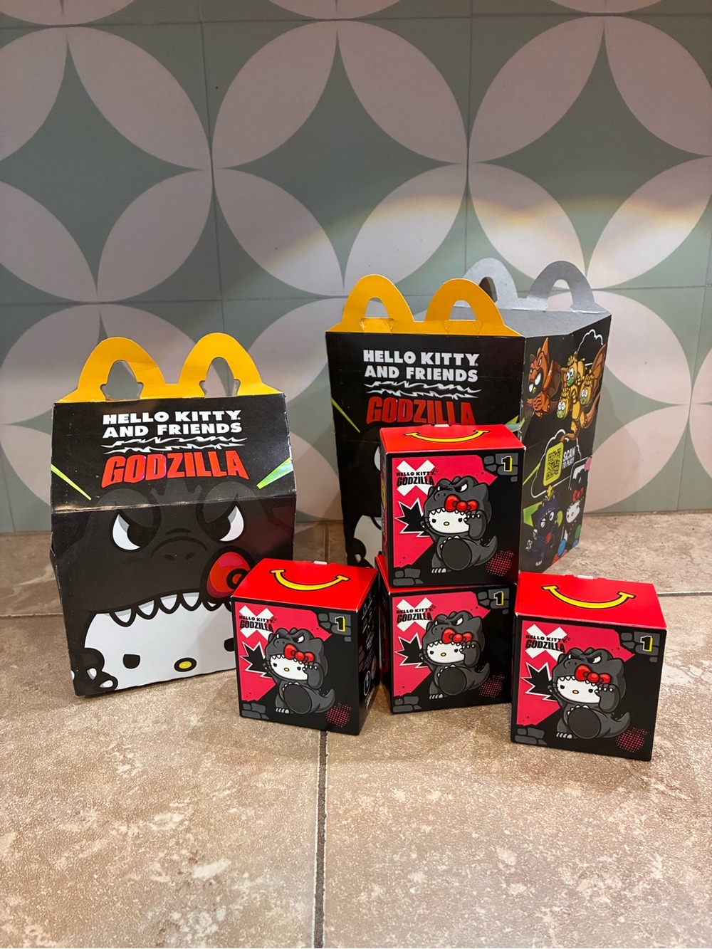 McDonald’s Hello Kitty x Godzilla Happy Meal Toys | Lot of 4 NEW + 2 Boxes